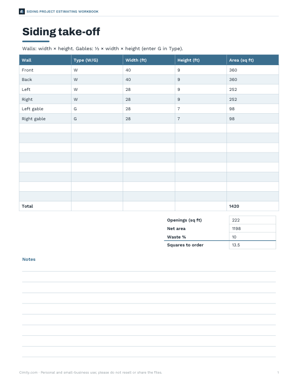 Preview of Printable Siding Take-Off Worksheet